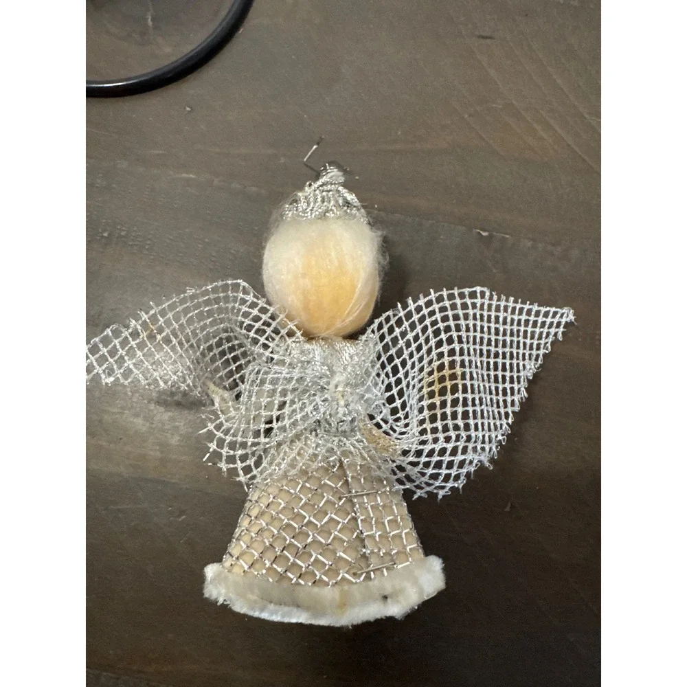 Vintage Silver Mesh Angel Christmas Ornament Mid-Century White Faux Fur 4.5 Inch